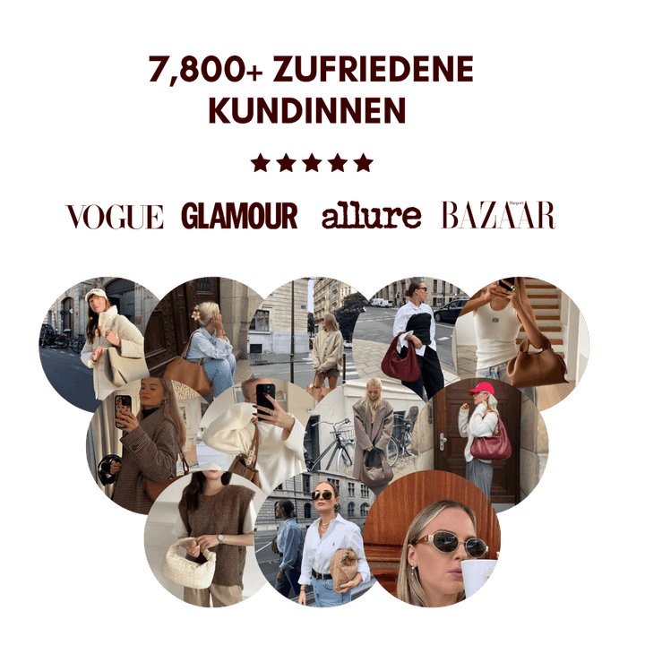 Collage von frauen, die verschiedene farben von ledertaschen präsentieren, mit werbetext