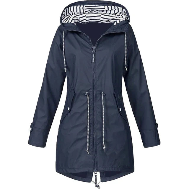 Lune London | Women's Waterproof Hoodie Trench Coat with Waist Drawstring, Zipper, and Outer Pockets