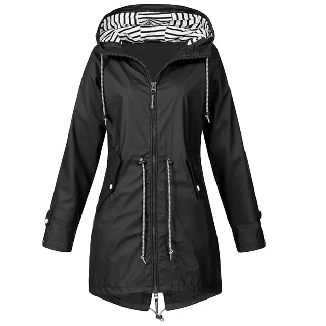 Lune London | Women's Waterproof Hoodie Trench Coat with Waist Drawstring, Zipper, and Outer Pockets