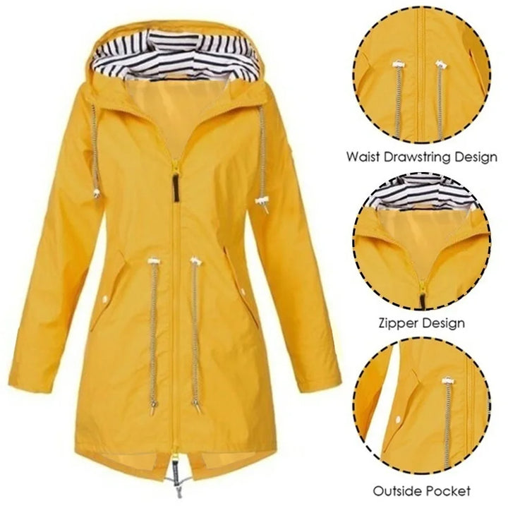Lune London | Women's Waterproof Hoodie Trench Coat with Waist Drawstring, Zipper, and Outer Pockets