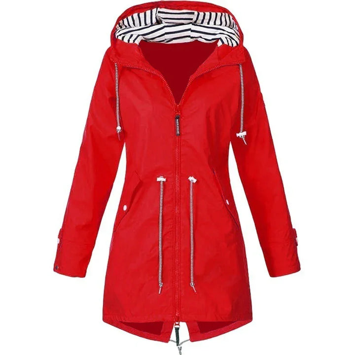 Rot, wasserdichter Trenchcoat mit Kapuze