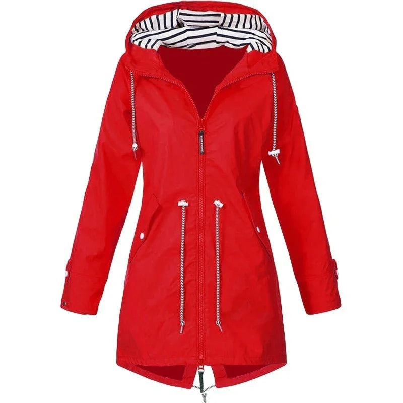 Lune London | Women's Waterproof Hoodie Trench Coat with Waist Drawstring, Zipper, and Outer Pockets