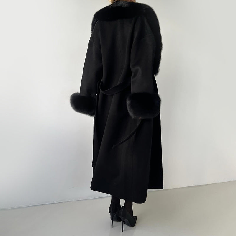 Lune London | Wool Blend Straight Fit Coat - Belted Fur Collar Cuff Coat