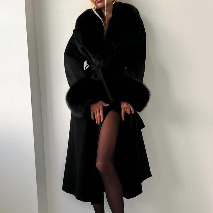 Lune London | Wool Blend Straight Fit Coat - Belted Fur Collar Cuff Coat