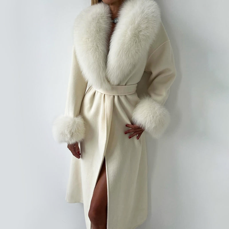 Lune London | Wool Blend Straight Fit Coat - Belted Fur Collar Cuff Coat