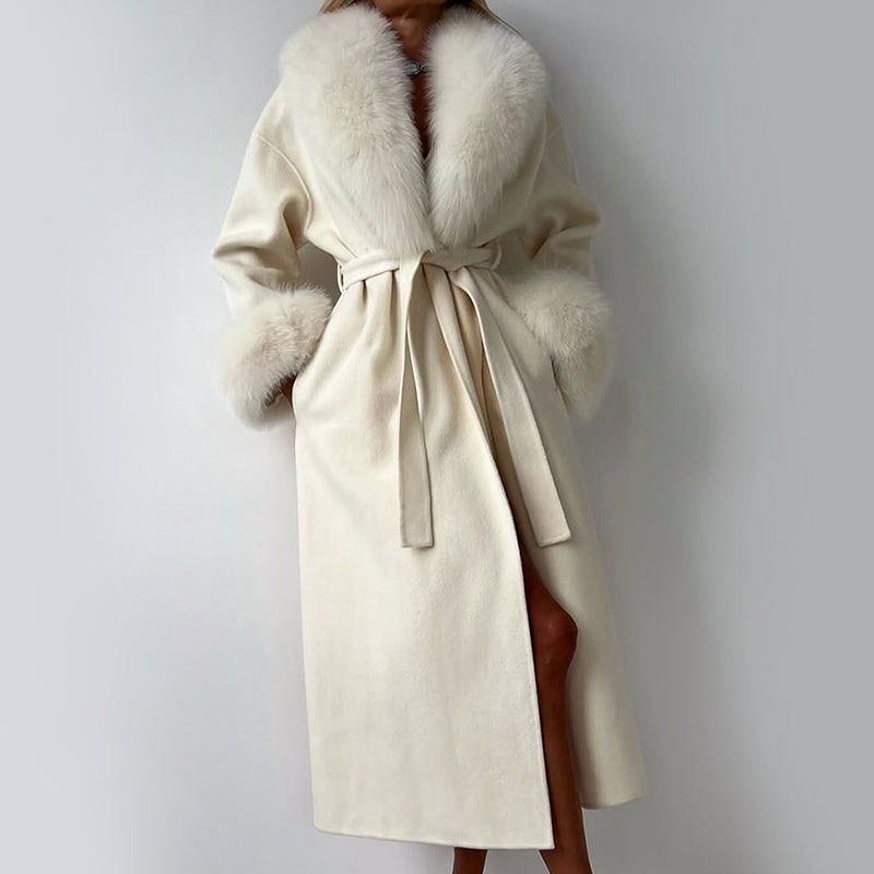 Lune London | Wool Blend Straight Fit Coat - Belted Fur Collar Cuff Coat