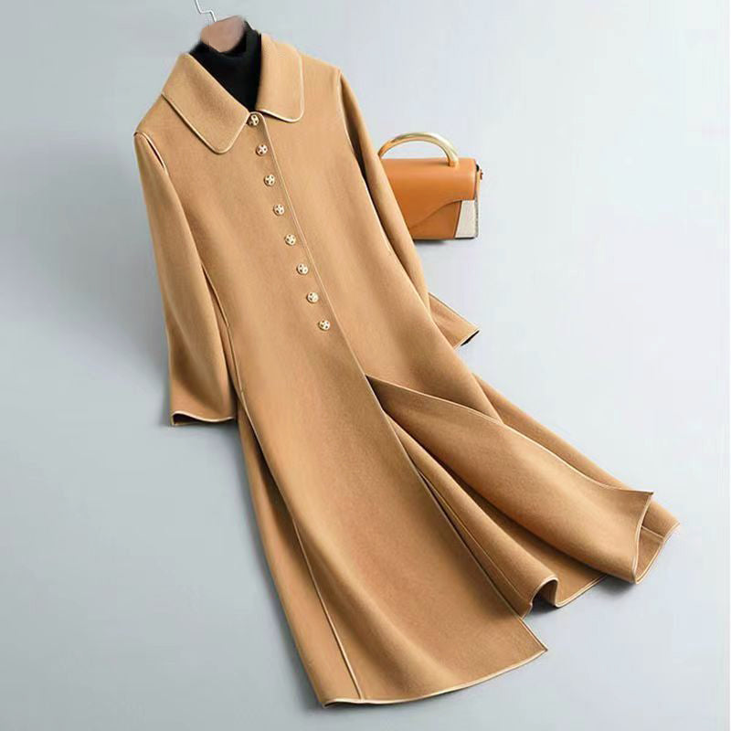 Lune London | Wool Blend A-Line Long Coat - Button Closure with Piping Trim Long Coat