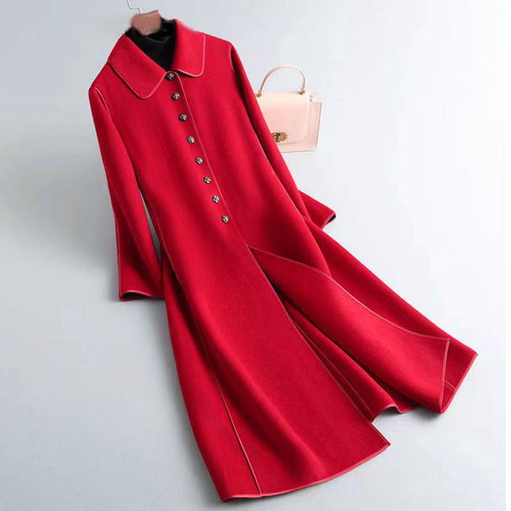 Lune London | Wool Blend A-Line Long Coat - Button Closure with Piping Trim Long Coat
