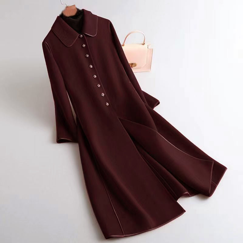 Lune London | Wool Blend A-Line Long Coat - Button Closure with Piping Trim Long Coat