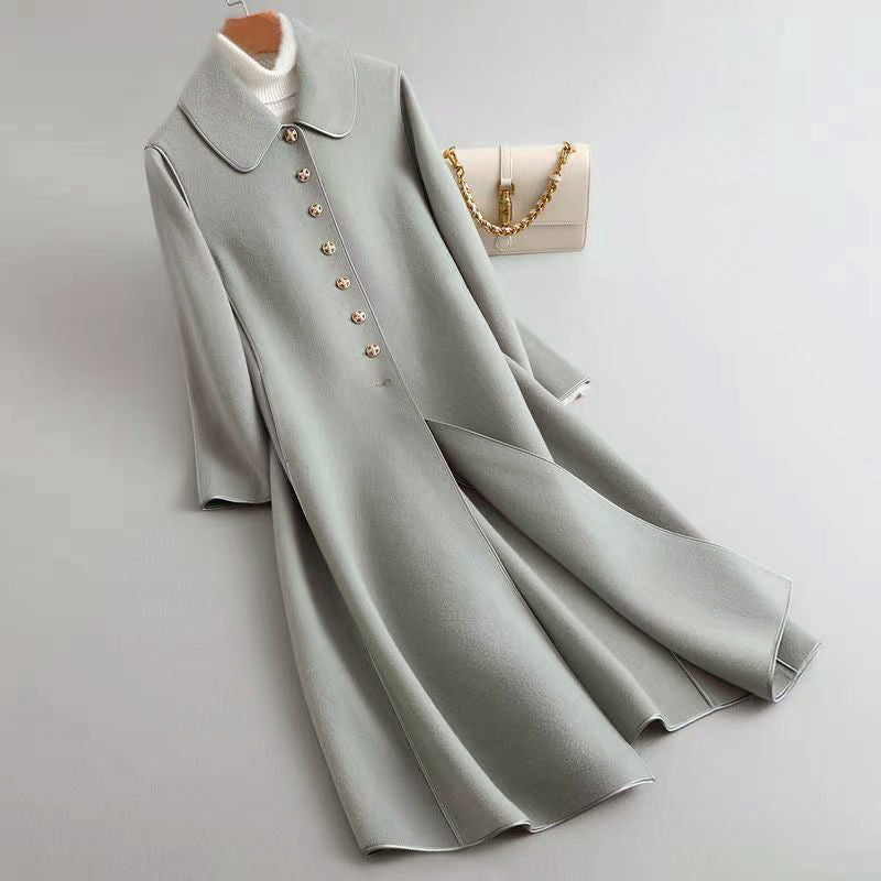 Lune London | Wool Blend A-Line Long Coat - Button Closure with Piping Trim Long Coat