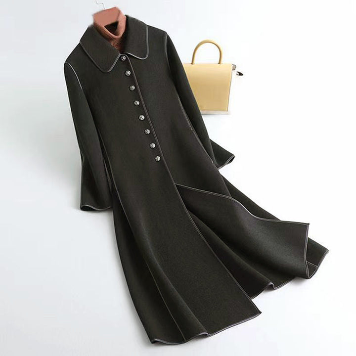 Lune London | Wool Blend A-Line Long Coat - Button Closure with Piping Trim Long Coat