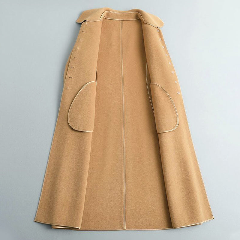 Lune London | Wool Blend A-Line Long Coat - Button Closure with Piping Trim Long Coat