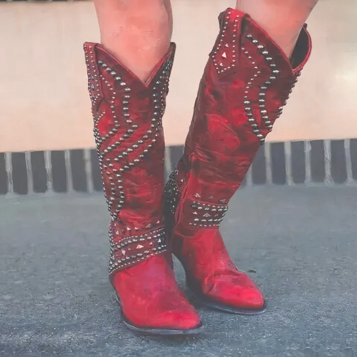 Lune London | Ankle-high leather boots - Thick heel - Studded - Zipper closure