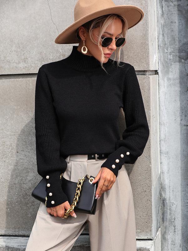 Lune London | Women's Pullover Autumn Knit Turtleneck Sweater with Embellished Sleeves