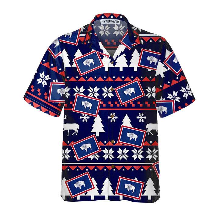 Lune London | Wyoming Chemise hawaïenne à motif de Noël moche, Chemise de Noël de l'État du Wyoming pour hommes