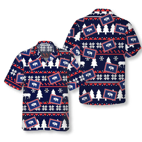 Lune London | Wyoming Chemise hawaïenne à motif de Noël moche, Chemise de Noël de l'État du Wyoming pour hommes