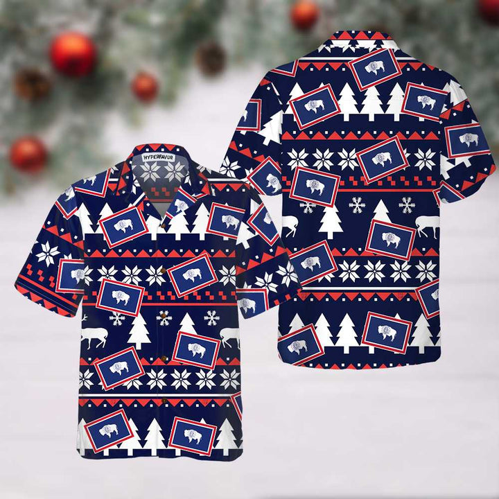 Lune London | Wyoming Chemise hawaïenne à motif de Noël moche, Chemise de Noël de l'État du Wyoming pour hommes