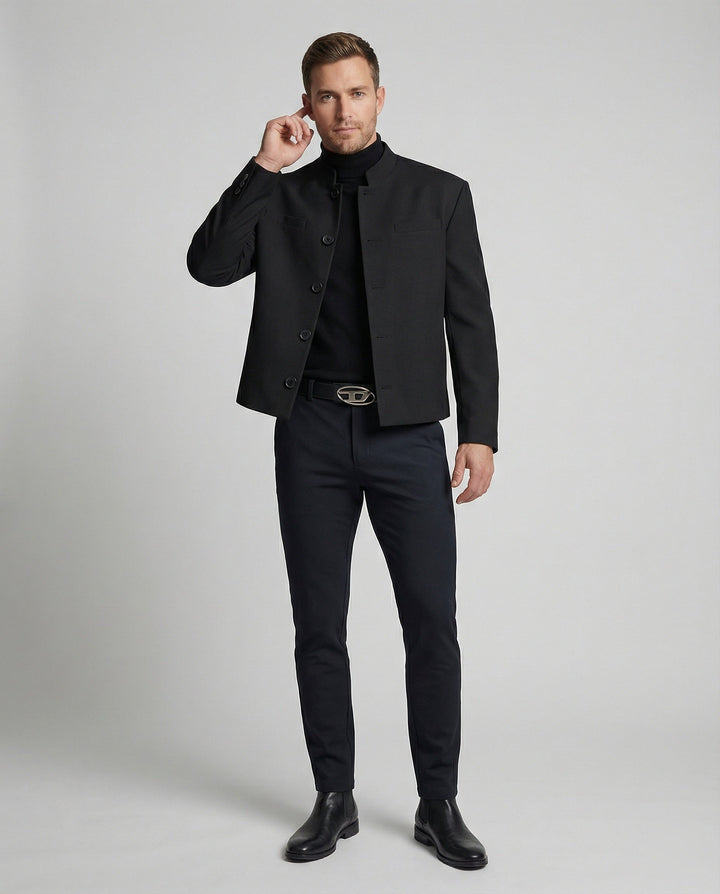 Men's Jacket New Chinese Style Stand Collar Black Wool Short