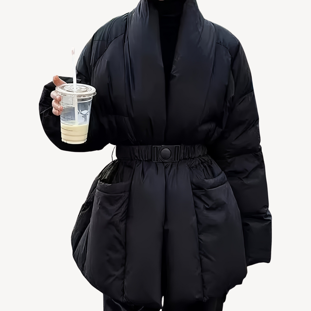 Chic Und Stil | Women's Quilted Puffer Jacket with Waist Belt and Stylish Strap Closure