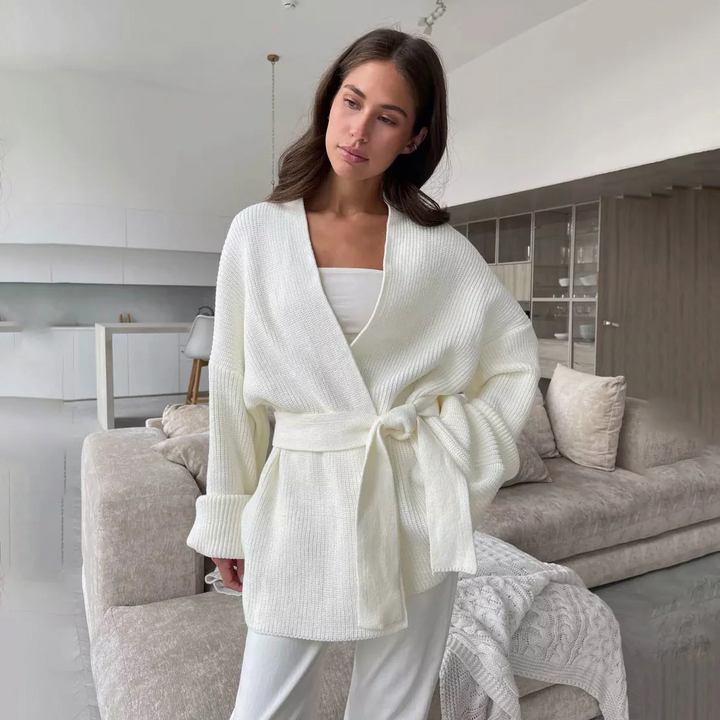 Chic und Stil | Cozy ribbed knit wrap cardigan with tie belt