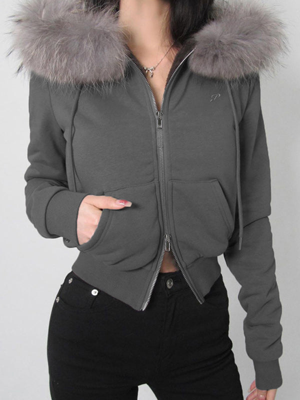 Lune London | Solid Color Letter Embroidery Faux Fur Seam Jacket