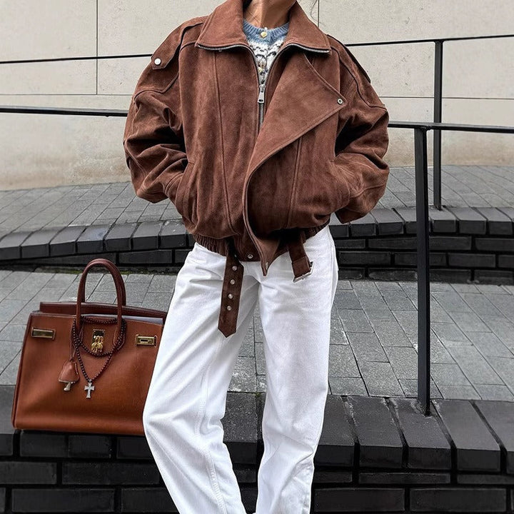 Chic und Stil | Oversized bomber jacket in a suede look with an asymmetrical zipper