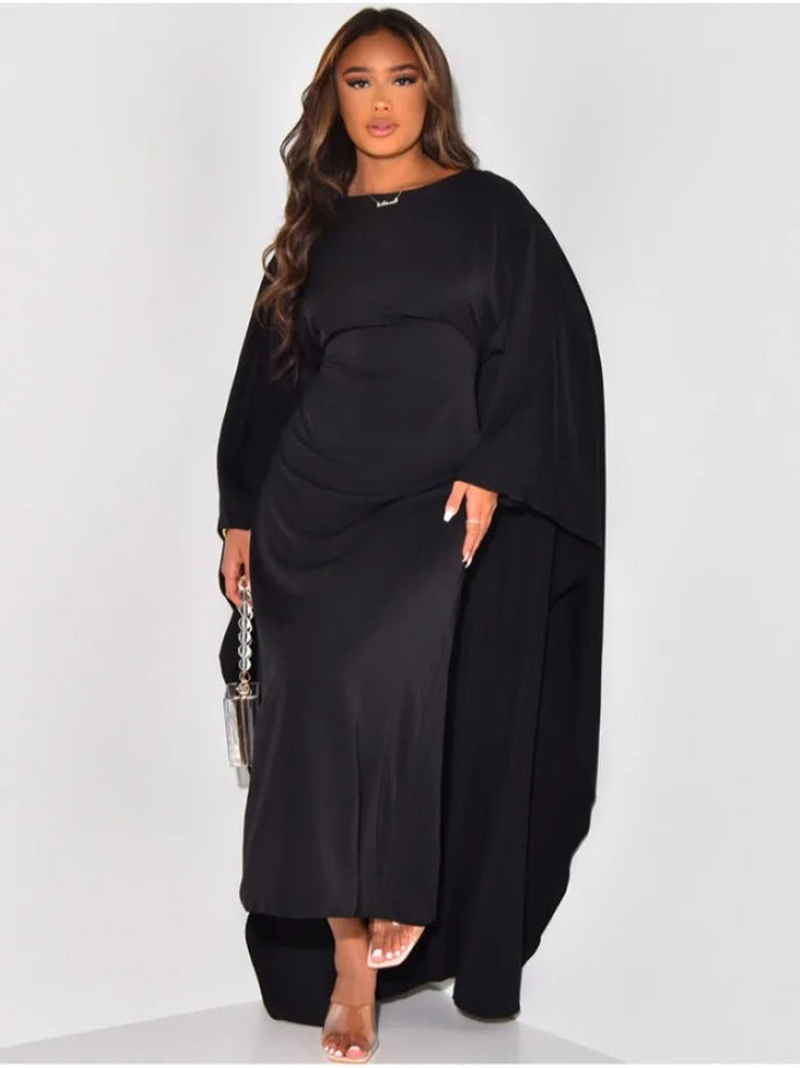 Chic Und Stil | Elegant Maxi Dress with Round Neckline & Wide Sleeves – Women's Evening Dress with High Waist Long Dress for Festive Occasions