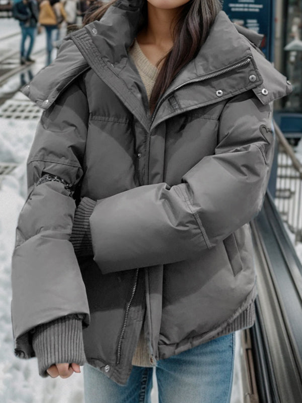 Lune London | Gray Solid Heart-Decorated Hooded Puffer Jacket