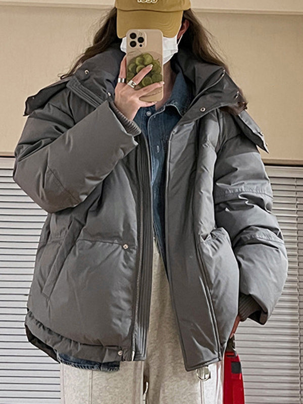 Lune London | Gray Solid Heart-Decorated Hooded Puffer Jacket