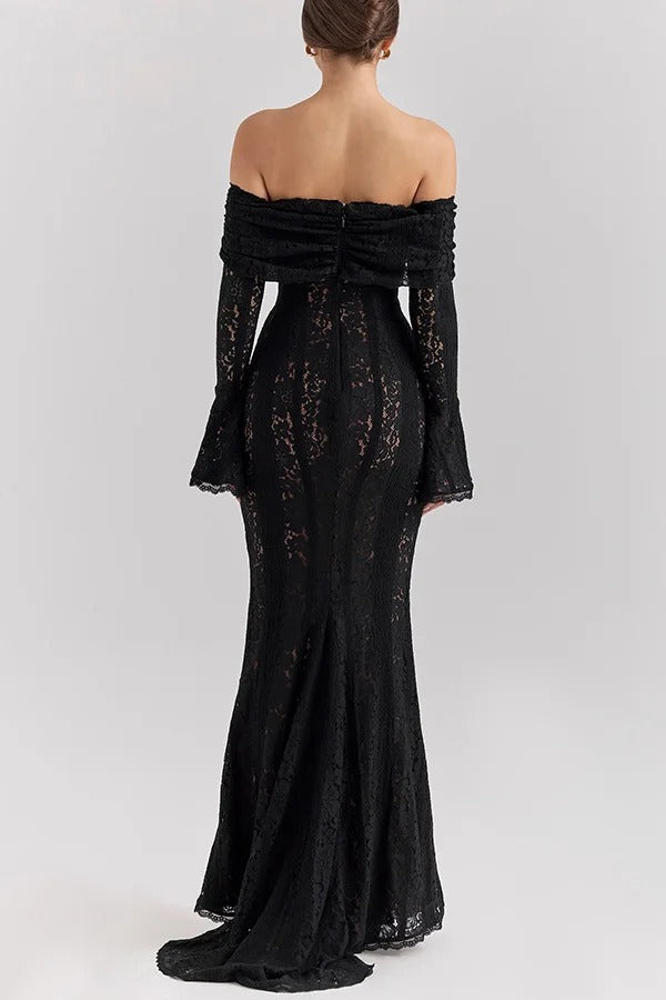 Lune London | Floral Lace Off Shoulder Flare Sleeve Fishtail Maxi Dresses - White