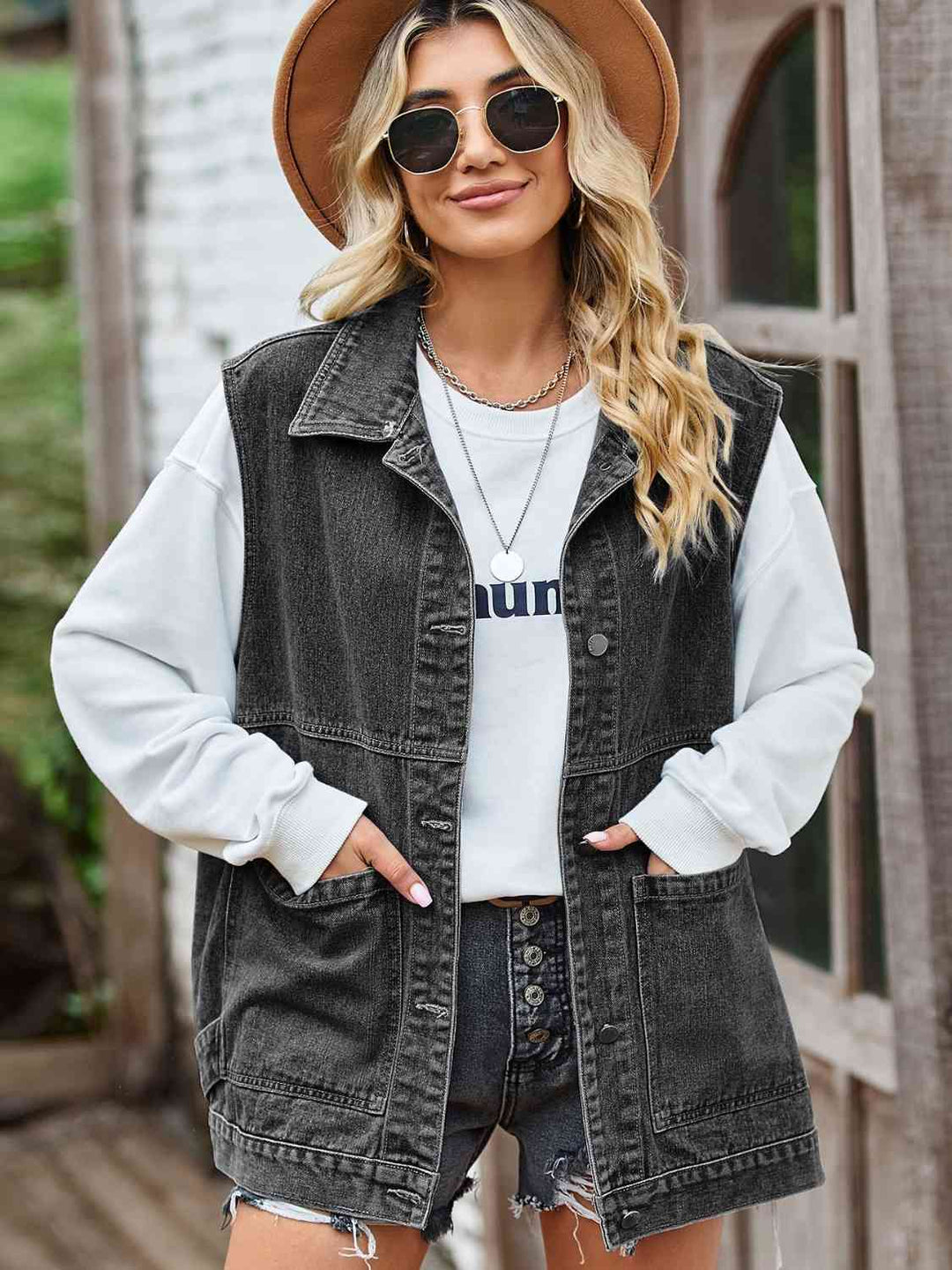 Lune London | Button-Front Sleeveless Denim Jacket