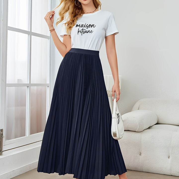 Lune London | Solid Color Pleated Midi Skirt with Elastic Waistband