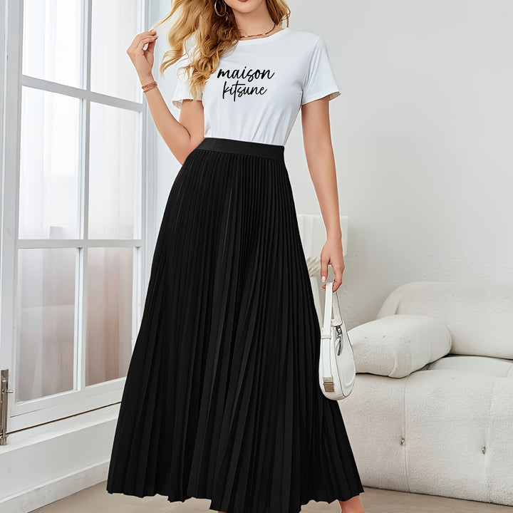 Lune London | Solid Color Pleated Midi Skirt with Elastic Waistband