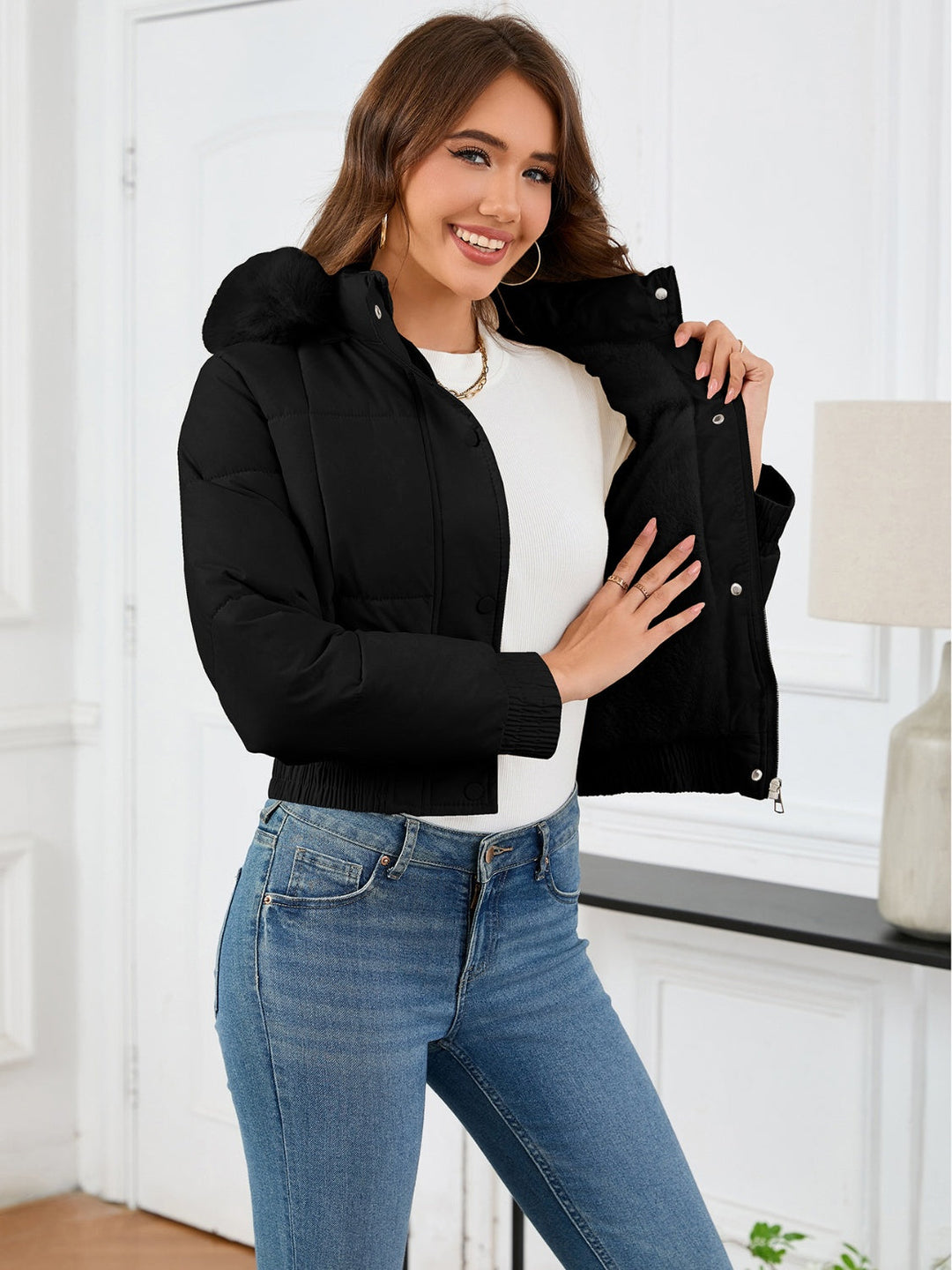 Chic und Stil | Cozy padded winter jacket with fur hood and pockets