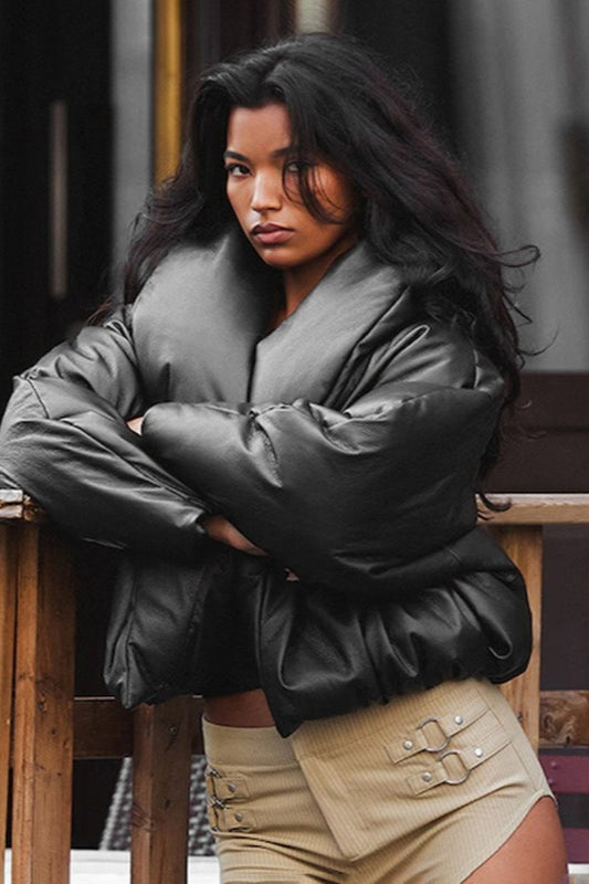 Lune London | Leather Stand Collar Cropped Puffer Jacket