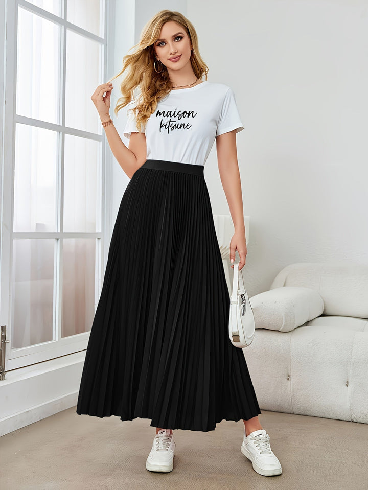 Lune London | Solid Color Pleated Midi Skirt with Elastic Waistband