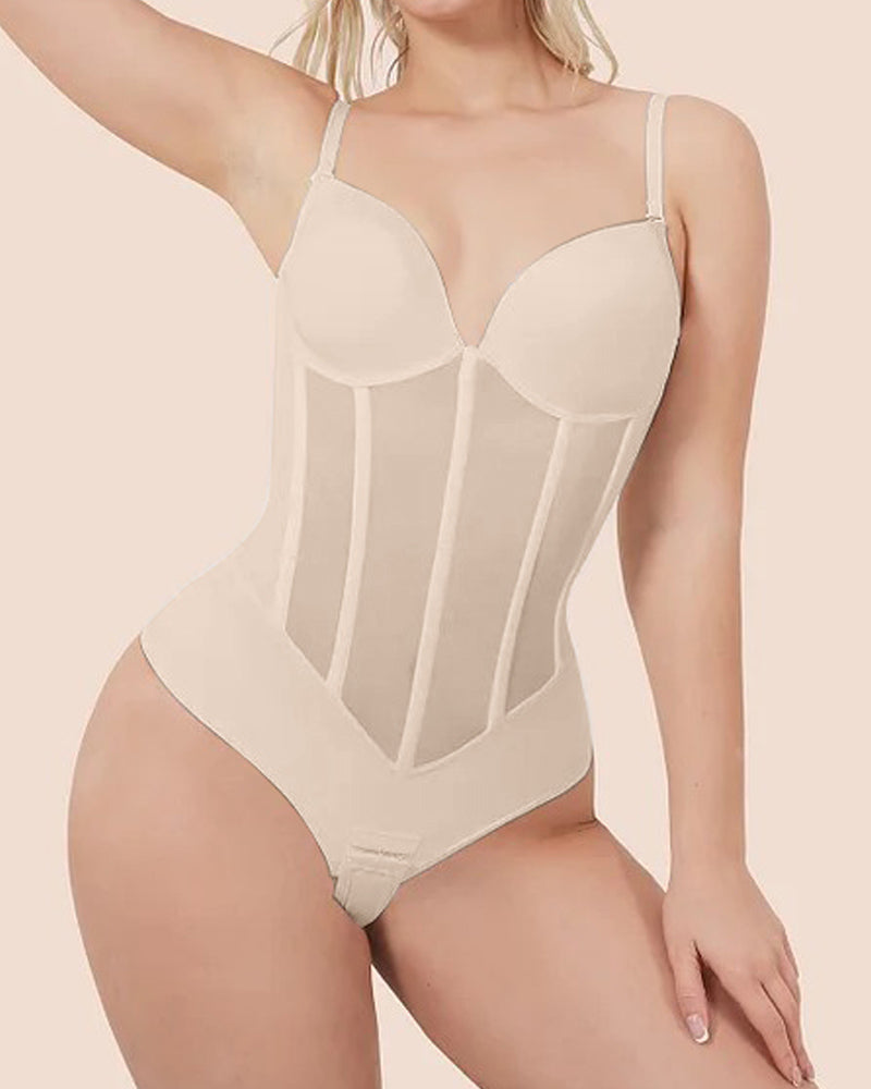Lune London | Women's Belly Control Thong Sheer Mesh Corset Top Backless Bodysuit