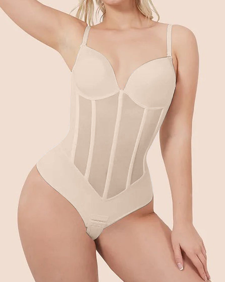 Lune London | Women's Belly Control Thong Sheer Mesh Corset Top Backless Bodysuit