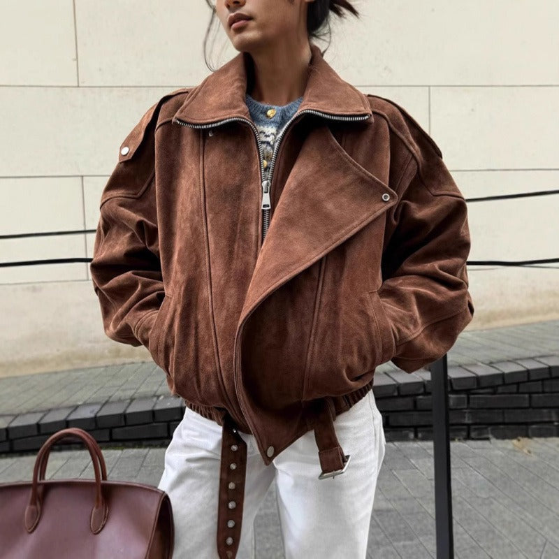 Chic und Stil | Oversized bomber jacket in a suede look with an asymmetrical zipper