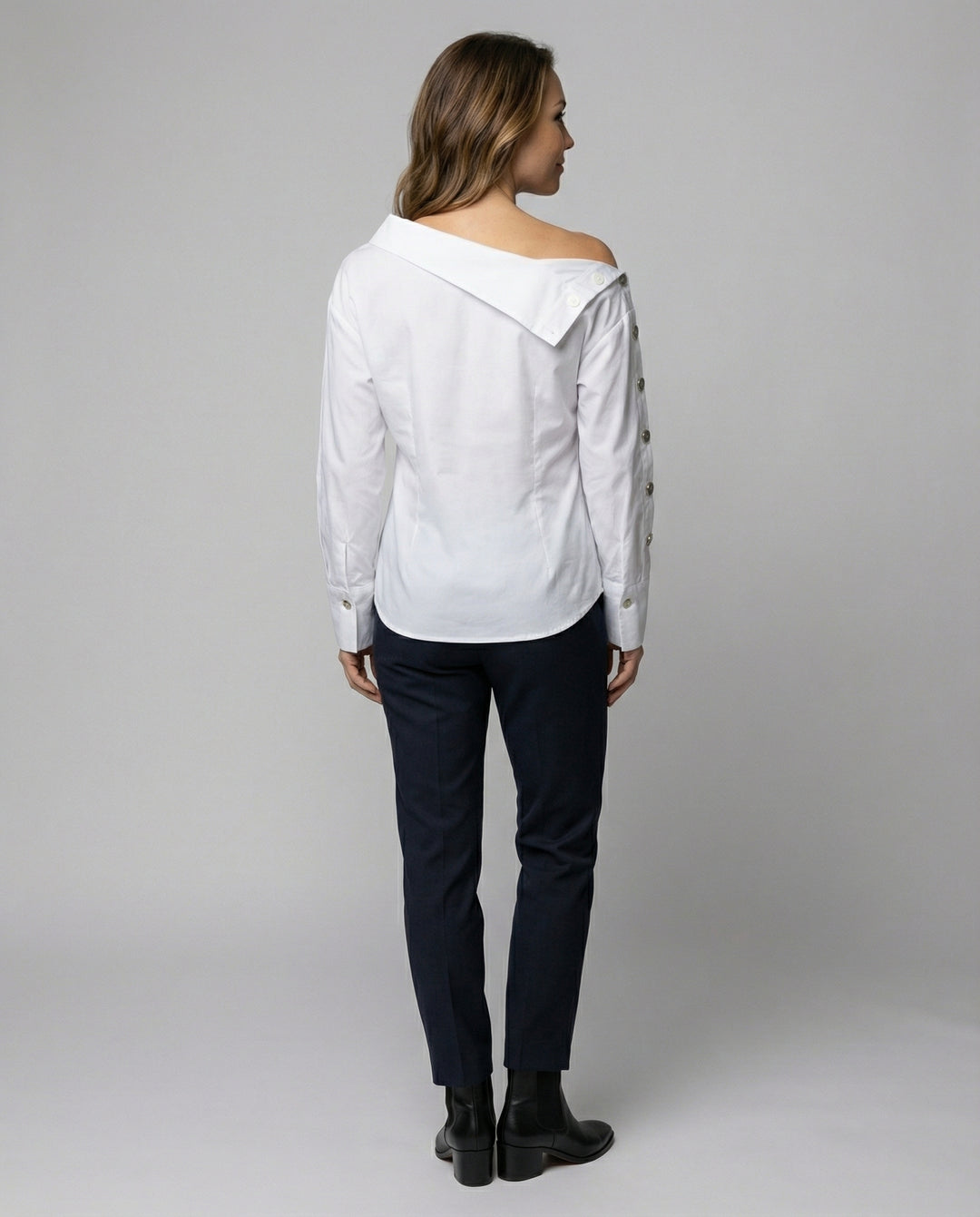 Women’s Cotton-Blend Blouse with Stand-Up Collar & Buckle Detail | Lune London