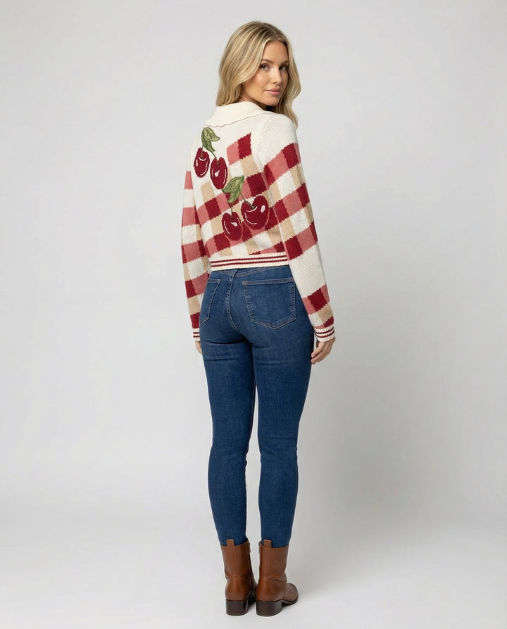 Ladies cheerful Cropped knitted jacket with cherry blossom floral pattern Lune London