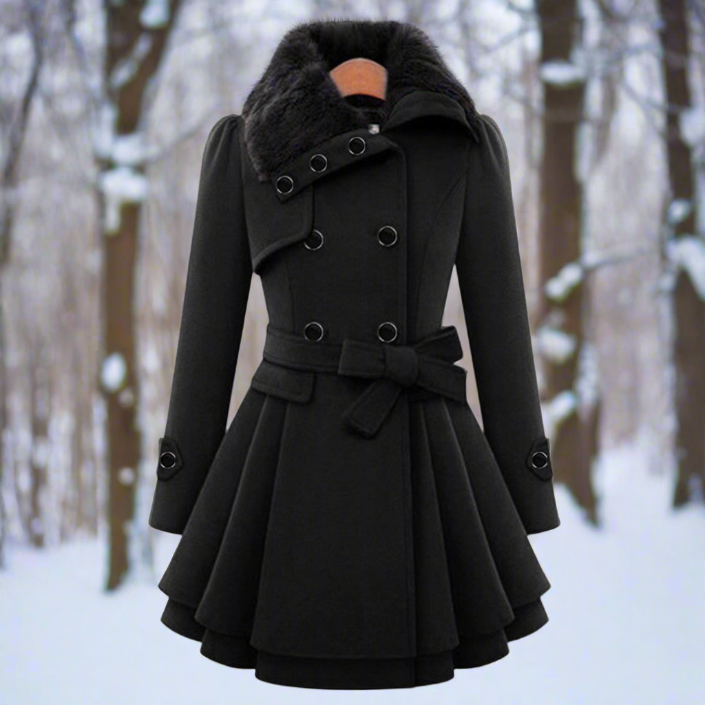 Lune London | Coat - Double-breasted - A-line cut - Belt & Faux fur collar