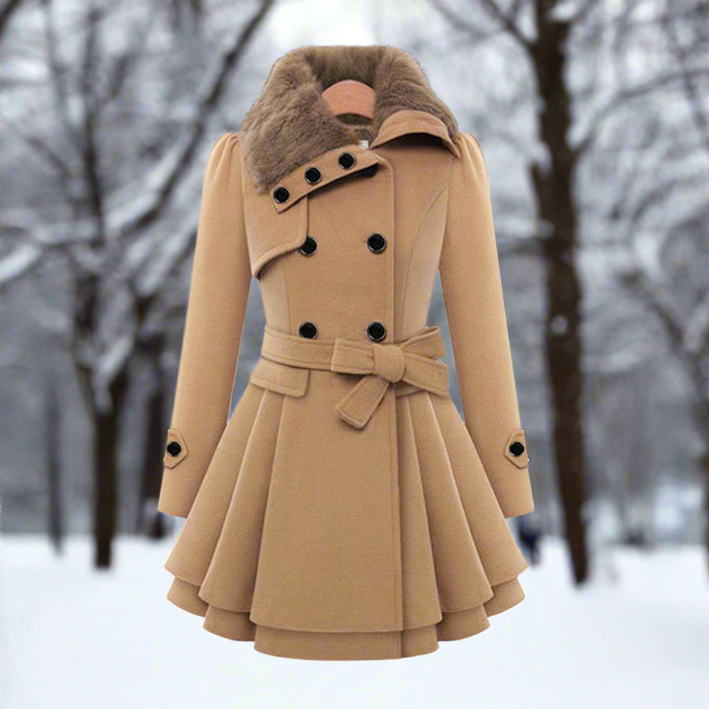 Lune London | Coat - Double-breasted - A-line cut - Belt & Faux fur collar