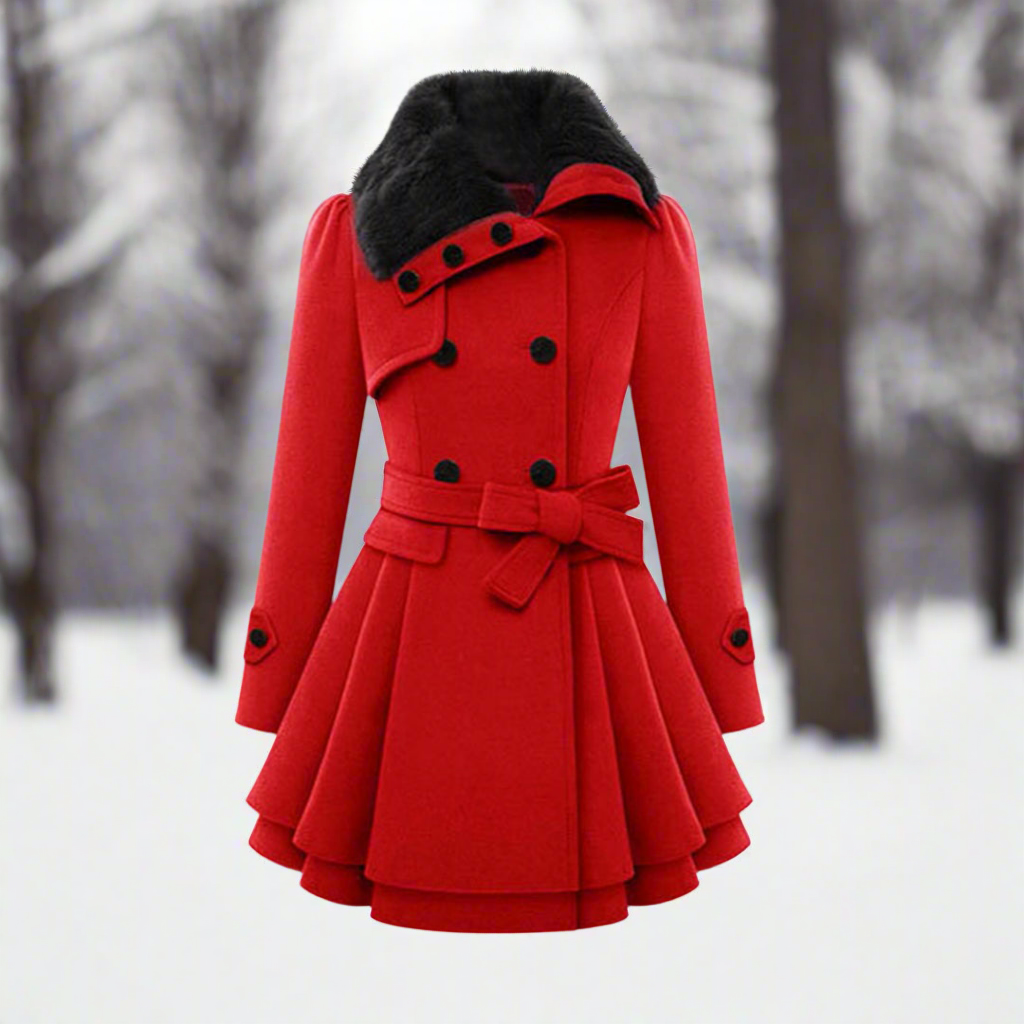 Lune London | Coat - Double-breasted - A-line cut - Belt & Faux fur collar