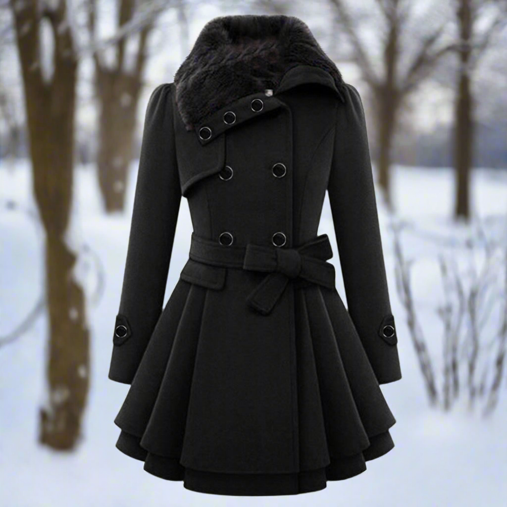 Lune London | Coat - Double-breasted - A-line cut - Belt & Faux fur collar