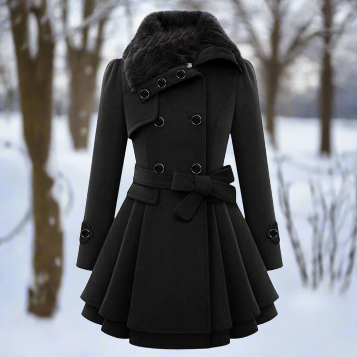 Lune London | Coat - Double-breasted - A-line cut - Belt & Faux fur collar