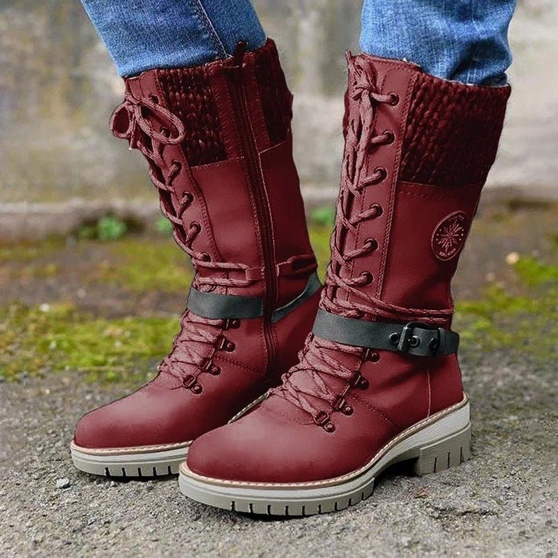 Lune London | Ankle-high boots - Lacing - Side zipper - Non-slip sole - Knitted cuff - Strap with buckle