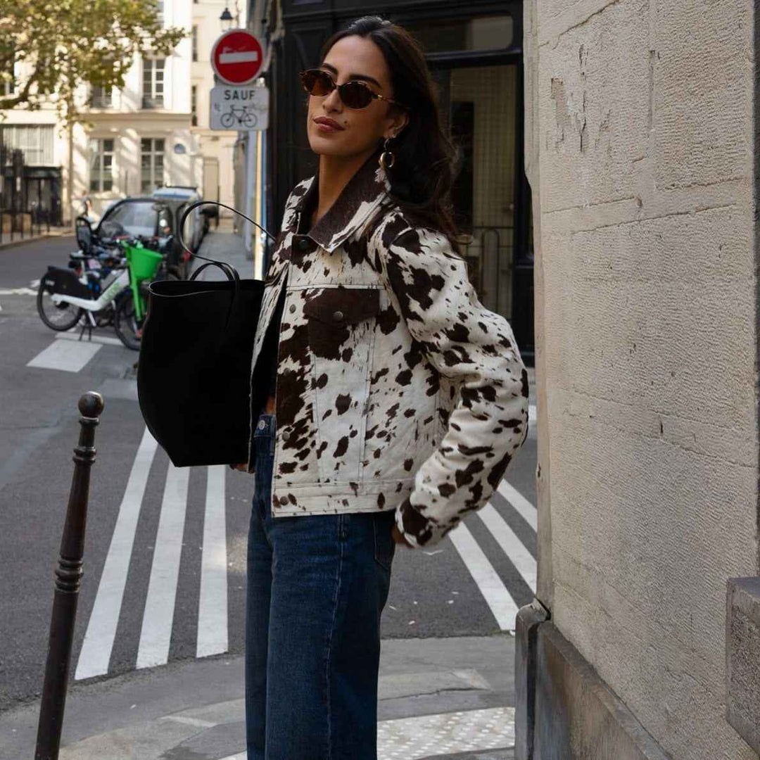 Lune London | Jacket with cow print, lapel collar and stylish snap buttons