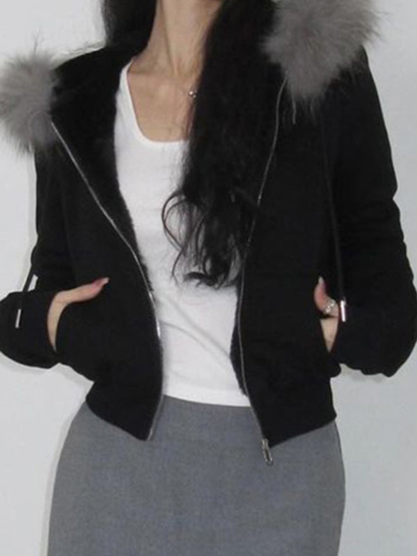 Lune London | Solid Color Letter Embroidery Faux Fur Seam Jacket