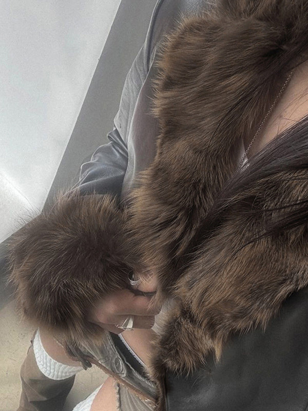 Lune London | American Style Fur Collar Patchwork Leather Jacket